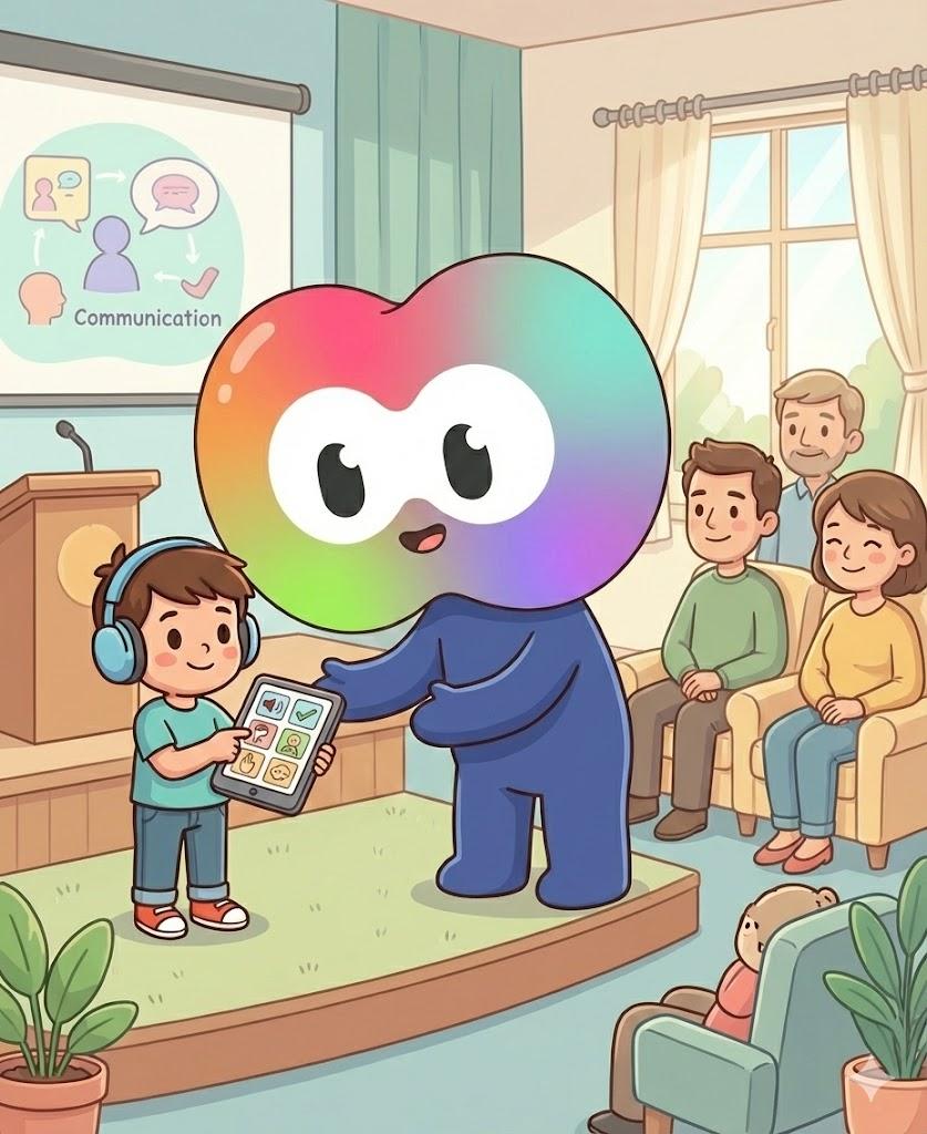 Una terapeuta guiando a un niño con un tablero de comunicación visual