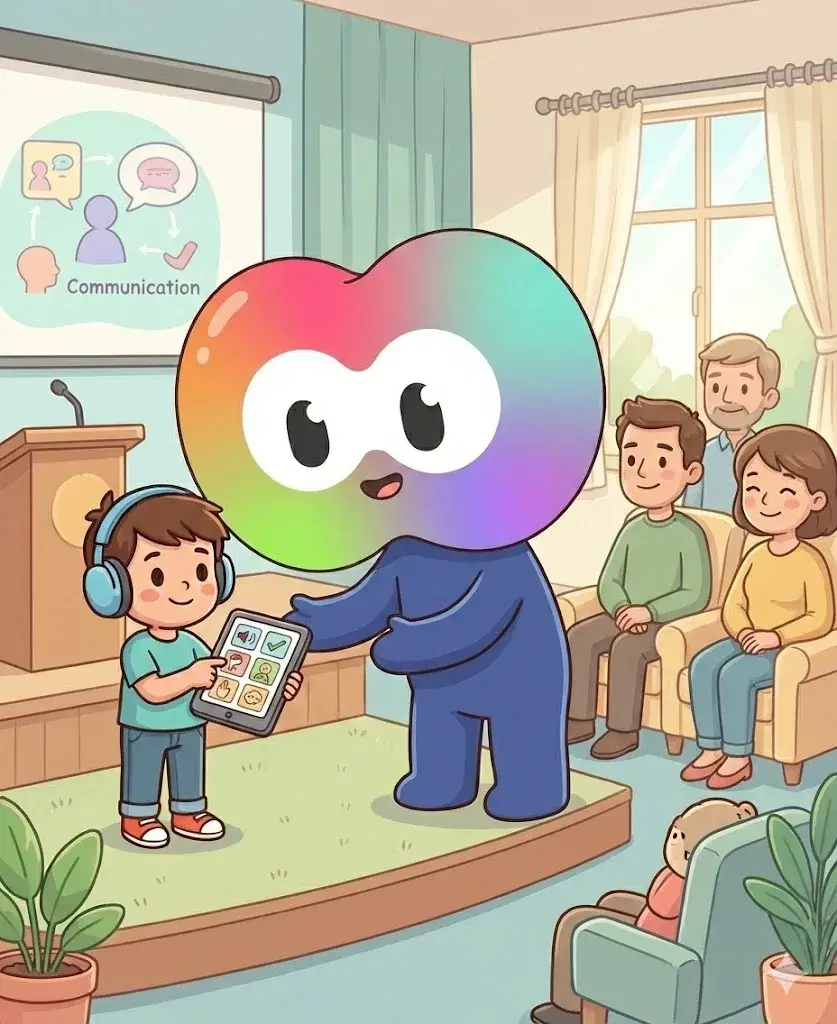A therapist guiding a child through a visual communication board