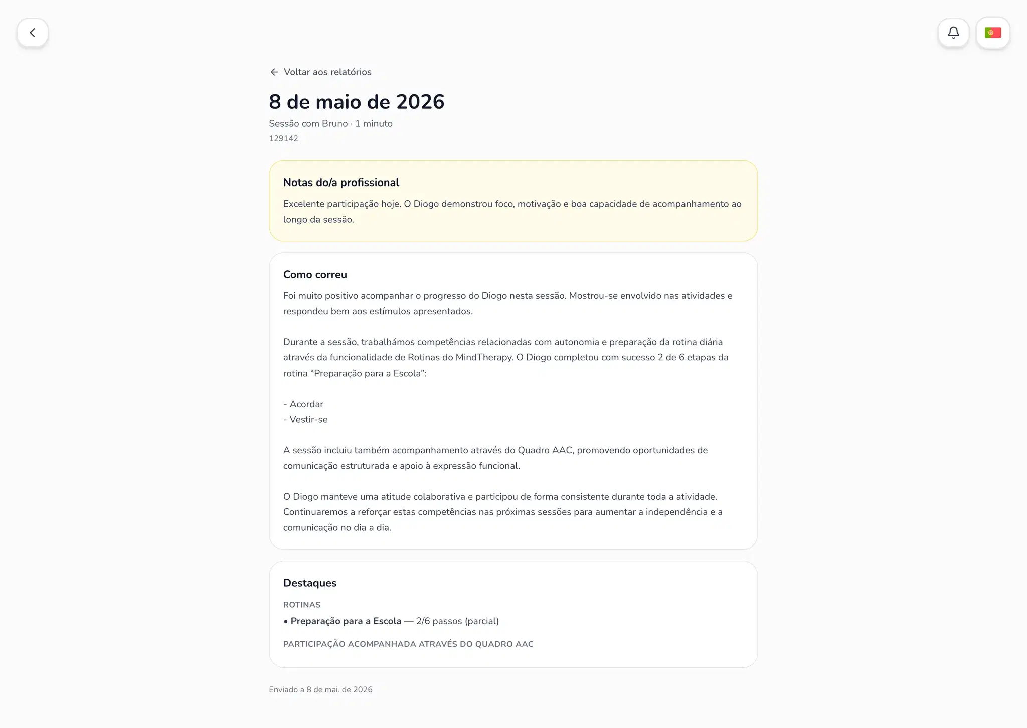 Um relatório para pais com estrelas, rotinas concluídas e as notas da terapeuta