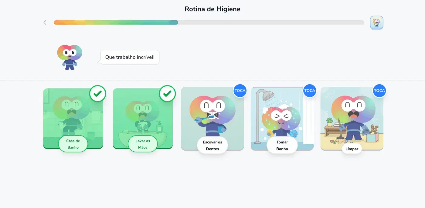 Uma rotina visual de higiene com imagens e uma barra de progresso