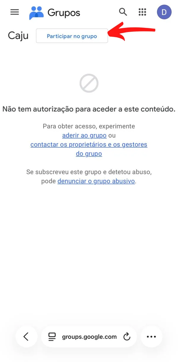 Página do grupo de testes da Caju com o botão Participar no grupo