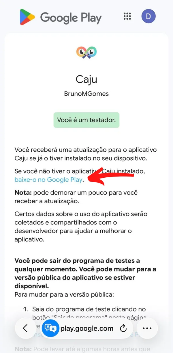 Página de participação a confirmar que és testador, com a ligação para a Google Play