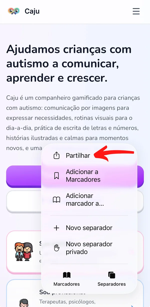 Menu do Safari com a opção Partilhar assinalada