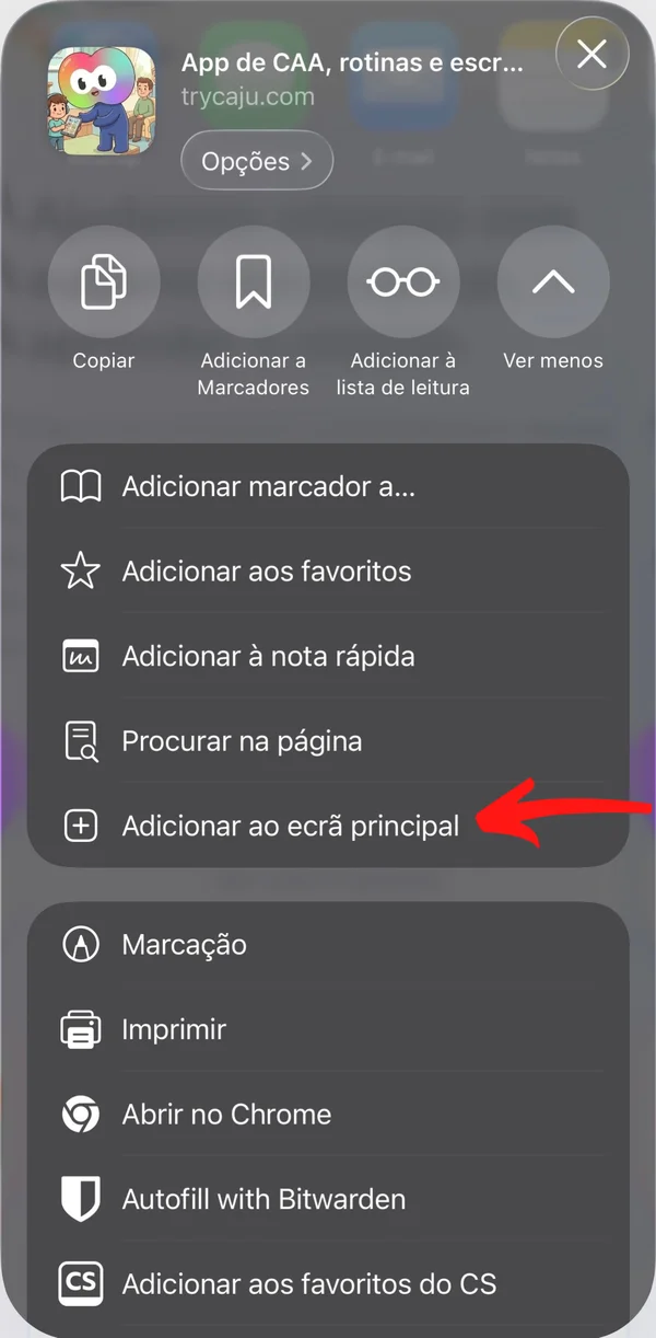 Lista de ações com a opção Adicionar ao ecrã principal assinalada