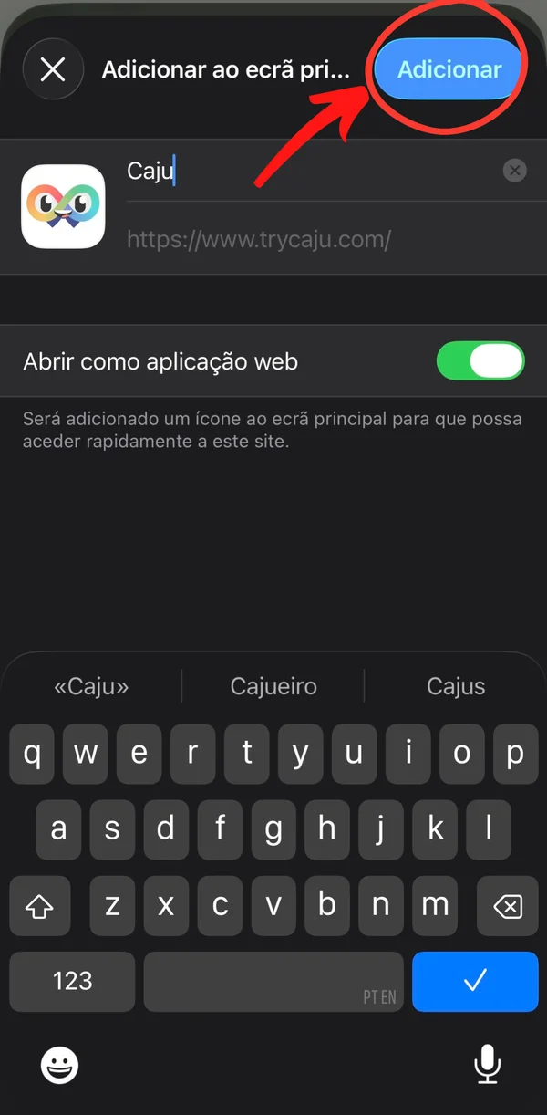 Ecrã de confirmação com o nome e o ícone da Caju